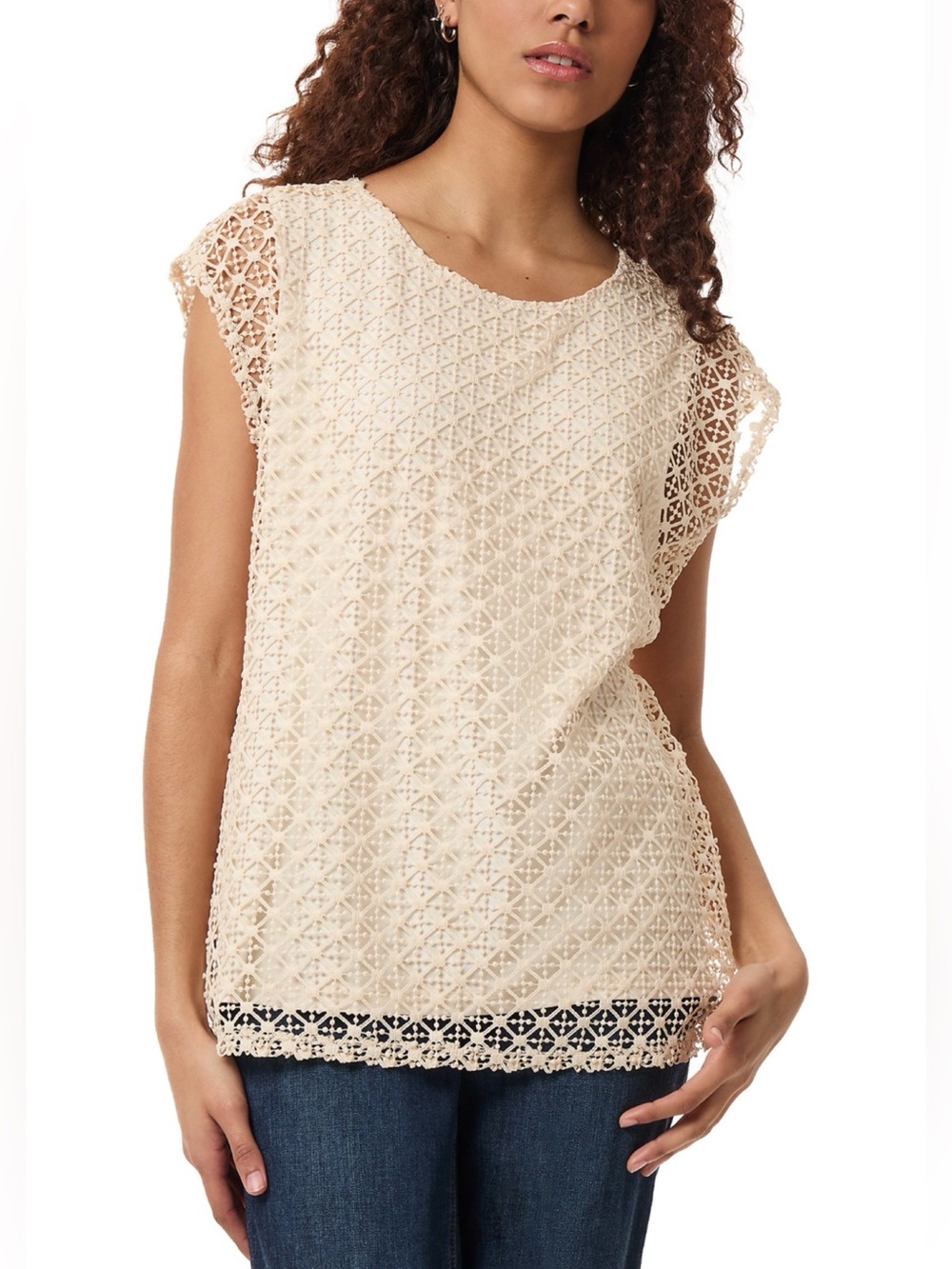 JONES NEW YORK Petite Women's Cream Crochet Lace Cap Sleeve Top.